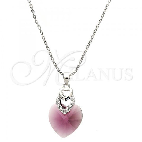 Rhodium Plated Pendant Necklace, Heart Design, with Amethyst Swarovski Crystals and White Micro Pave, Polished, Rhodium Finish, 04.239.0004.1.16