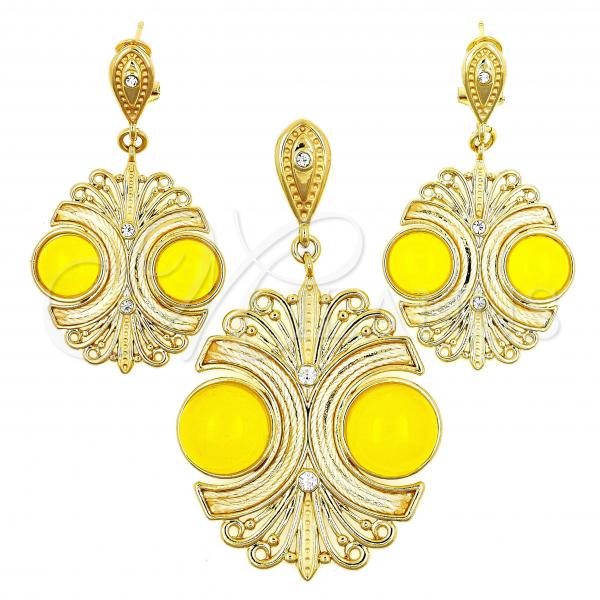 Oro Laminado Earring and Pendant Adult Set, Gold Filled Style Ball Design, with Yellow Opal and White Crystal, Polished, Golden Finish, 10.91.0342.3