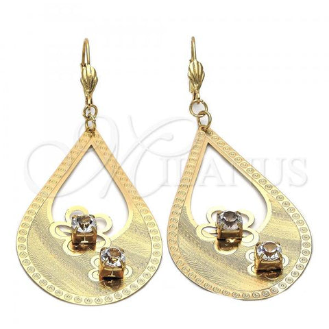 Oro Laminado Dangle Earring, Gold Filled Style Flower and Teardrop Design, with White Cubic Zirconia, Diamond Cutting Finish, Golden Finish, 81.003