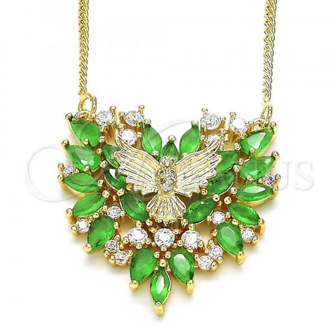 Oro Laminado Pendant Necklace, Gold Filled Style Eagle and Heart Design, with Green and White Cubic Zirconia, Polished, Golden Finish, 04.156.0187.3.20