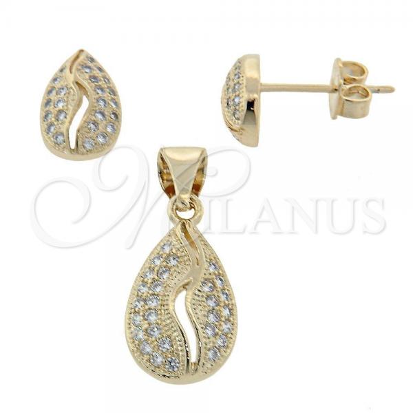 Oro Laminado Earring and Pendant Adult Set, Gold Filled Style Teardrop Design, with White Micro Pave, Polished, Golden Finish, 10.156.0030