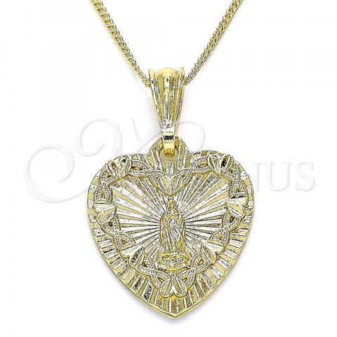 Oro Laminado Pendant Necklace, Gold Filled Style Heart and Guadalupe Design, Polished, Golden Finish, 04.351.0016.1.20