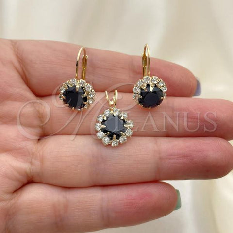 Oro Laminado Earring and Pendant Adult Set, Gold Filled Style Flower Design, with Black and White Cubic Zirconia, Polished, Golden Finish, 5.057.009