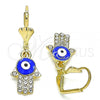 Oro Laminado Dangle Earring, Gold Filled Style Hand of God Design, with White Crystal, Blue Enamel Finish, Golden Finish, 02.380.0084