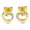Oro Laminado Stud Earring, Gold Filled Style Heart and Dolphin Design, with White and Ruby Micro Pave, Polished, Golden Finish, 02.344.0063