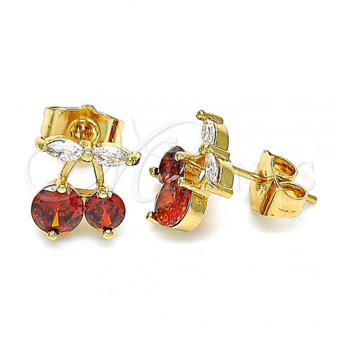 Oro Laminado Stud Earring, Gold Filled Style Cherry Design, with Garnet and White Cubic Zirconia, Polished, Golden Finish, 02.387.0032