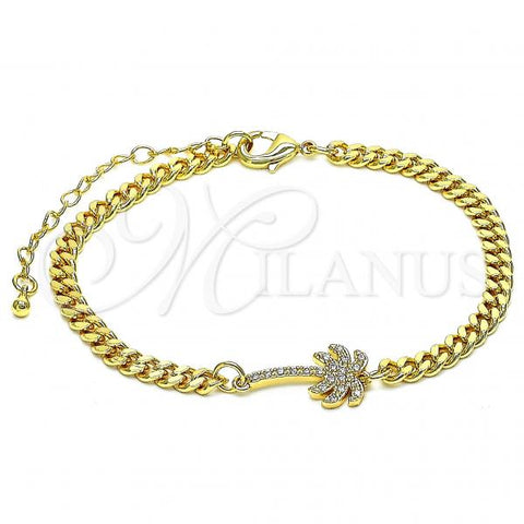 Oro Laminado Fancy Bracelet, Gold Filled Style Palm Tree Design, with White Micro Pave, Polished, Golden Finish, 03.193.0005.08