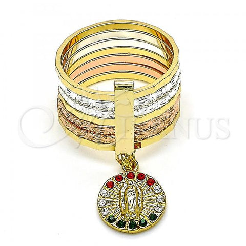 Oro Laminado Multi Stone Ring, Gold Filled Style Semanario and Guadalupe Design, with Multicolor Crystal, Diamond Cutting Finish, Tricolor, 01.253.0039.08 (Size 8)