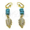 Oro Laminado Long Earring, Gold Filled Style Leaf Design, with Turquoise Crystal, Polished, Golden Finish, 02.414.0008