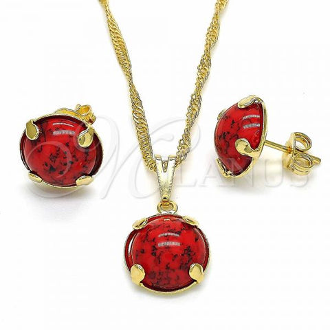 Oro Laminado Earring and Pendant Adult Set, Gold Filled Style with Ruby Cubic Zirconia, Polished, Golden Finish, 10.09.0038.3.18