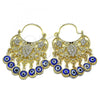 Oro Laminado Long Earring, Gold Filled Style Turtle and Evil Eye Design, with White and Black Crystal, Blue Resin Finish, Golden Finish, 02.380.0104.1