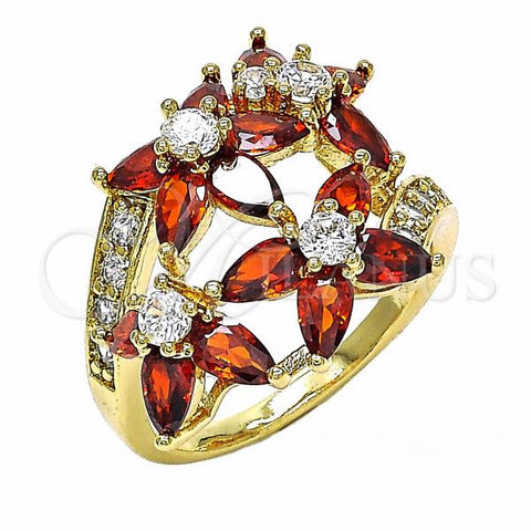 Oro Laminado Multi Stone Ring, Gold Filled Style Flower Design, with Garnet and White Cubic Zirconia, Polished, Golden Finish, 01.283.0015.08 (Size 8)