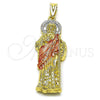 Oro Laminado Religious Pendant, Gold Filled Style San Judas and Greek Key Design, Polished, Tricolor, 05.411.0067
