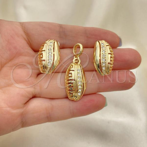 Oro Laminado Earring and Pendant Adult Set, Gold Filled Style Leaf and Greek Key Design, with White Crystal, Polished, Golden Finish, 10.59.0225