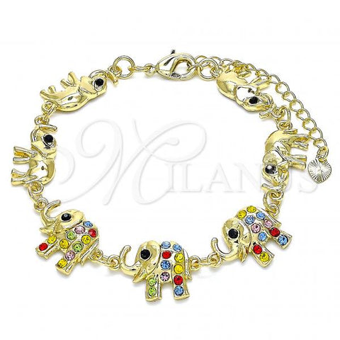 Oro Laminado Fancy Bracelet, Gold Filled Style Elephant Design, with Multicolor Crystal, Polished, Golden Finish, 03.380.0090.07