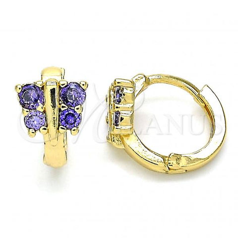 Oro Laminado Huggie Hoop, Gold Filled Style Butterfly Design, with Amethyst Cubic Zirconia, Polished, Golden Finish, 02.284.0040.2.12