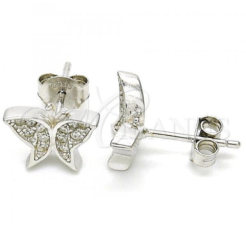 Sterling Silver Stud Earring, Butterfly Design, with White Cubic Zirconia, Polished, Rhodium Finish, 02.336.0101