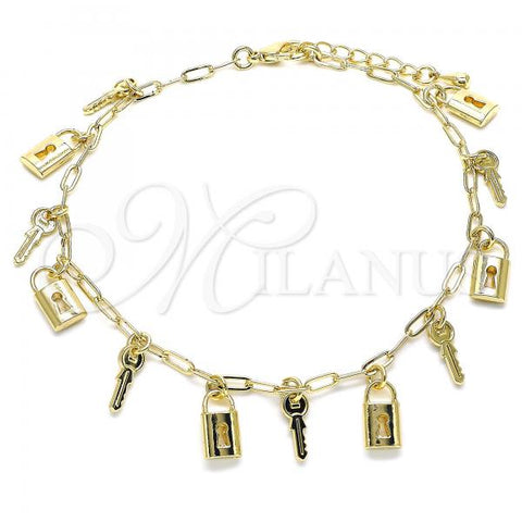 Oro Laminado Charm Anklet , Gold Filled Style key and Lock Design, Polished, Golden Finish, 03.372.0021.10