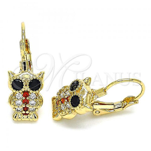 Oro Laminado Leverback Earring, Gold Filled Style Owl Design, with Garnet and White Micro Pave, Polished, Golden Finish, 02.210.0380.1