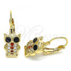 Oro Laminado Leverback Earring, Gold Filled Style Owl Design, with Garnet and White Micro Pave, Polished, Golden Finish, 02.210.0380.1