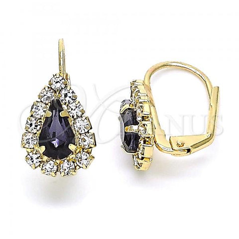 Oro Laminado Leverback Earring, Gold Filled Style Teardrop Design, with Amethyst and White Crystal, Polished, Golden Finish, 5.125.012.6