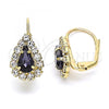 Oro Laminado Leverback Earring, Gold Filled Style Teardrop Design, with Amethyst and White Crystal, Polished, Golden Finish, 5.125.012.6