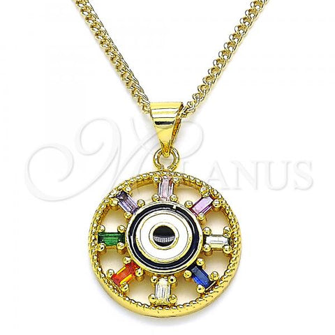 Oro Laminado Pendant Necklace, Gold Filled Style Evil Eye Design, with Multicolor Cubic Zirconia, Black Enamel Finish, Golden Finish, 04.313.0039.1.20