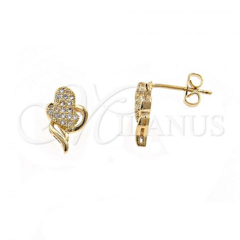 Oro Laminado Stud Earring, Gold Filled Style Heart Design, with White Micro Pave, Polished, Golden Finish, 02.122.0079