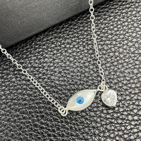 Sterling Silver Fancy Necklace, Evil Eye and Rolo Design, with Ivory Mother of Pearl and White Cubic Zirconia, Polished, Silver Finish, 04.401.0014.18