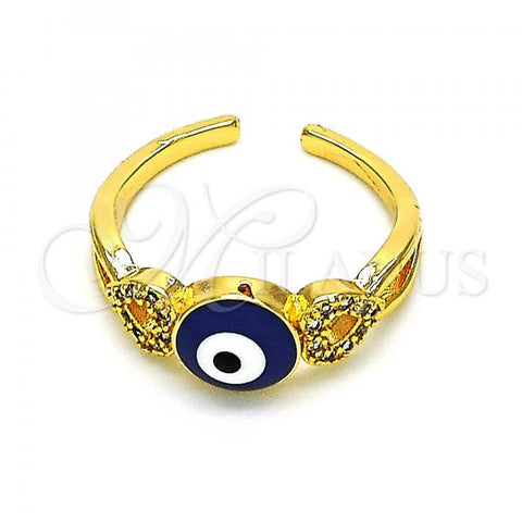 Oro Laminado Multi Stone Ring, Gold Filled Style Evil Eye and Heart Design, with White Micro Pave, Blue Enamel Finish, Golden Finish, 01.310.0034