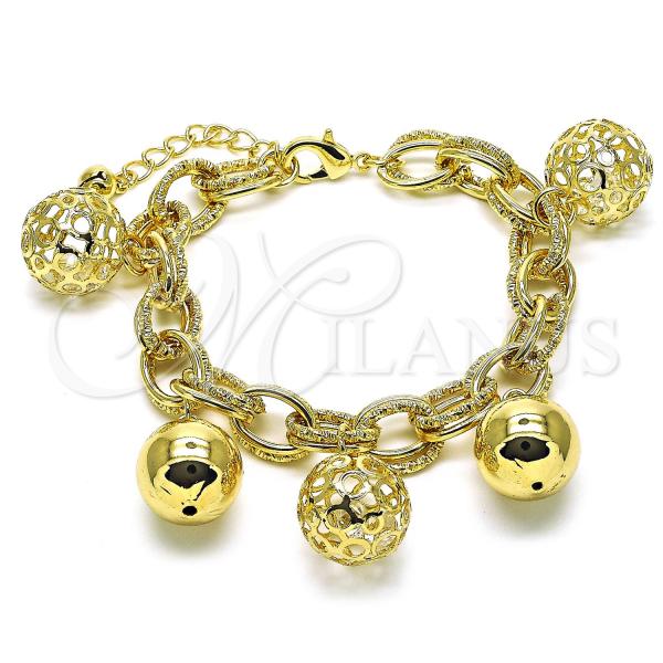 Oro Laminado Charm Bracelet, Gold Filled Style Ball Design, with White Crystal, Polished, Golden Finish, 03.331.0232.08