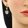 Oro Laminado Dangle Earring, Gold Filled Style Evil Eye and Butterfly Design, with White Crystal, Blue Enamel Finish, Golden Finish, 02.380.0086