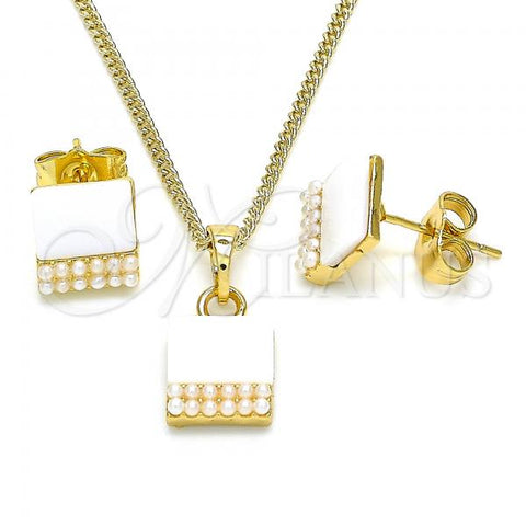 Oro Laminado Earring and Pendant Adult Set, Gold Filled Style with Ivory Pearl, Polished, Golden Finish, 10.379.0015