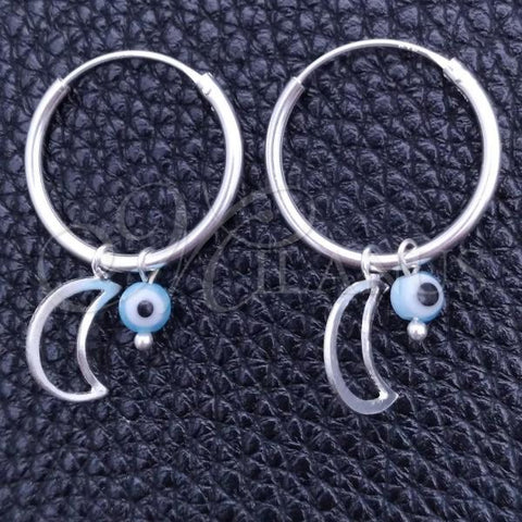 Sterling Silver Small Hoop, Evil Eye and Moon Design, with Aqua Blue Crystal, Polished, Silver Finish, 02.402.0006.15