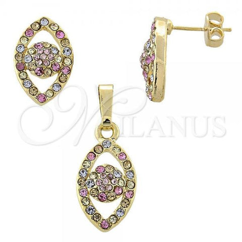 Oro Laminado Earring and Pendant Adult Set, Gold Filled Style Teardrop Design, with Multicolor Crystal, Polished, Golden Finish, 10.164.0012.1