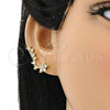 Oro Laminado Earcuff Earring, Gold Filled Style Flower Design, with White Micro Pave, Polished, Golden Finish, 02.210.0702