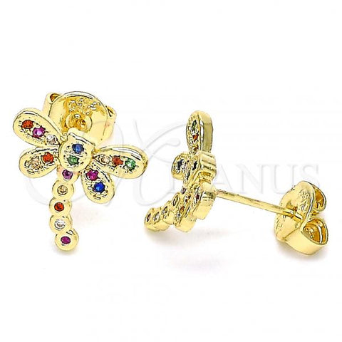 Oro Laminado Stud Earring, Gold Filled Style Dragon-Fly Design, with Multicolor Micro Pave, Polished, Golden Finish, 02.156.0396.4