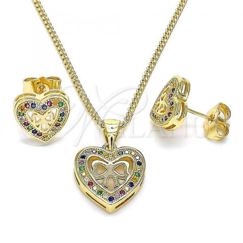 Oro Laminado Earring and Pendant Adult Set, Gold Filled Style Heart and Bow Design, with Multicolor Micro Pave, Polished, Golden Finish, 10.156.0408.2