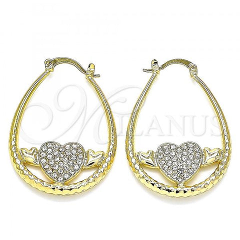 Oro Laminado Medium Hoop, Gold Filled Style Heart Design, with White Crystal, Diamond Cutting Finish, Golden Finish, 02.380.0058.30