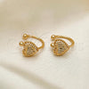 Oro Laminado Earcuff Earring, Gold Filled Style Heart Design, with White Micro Pave, Polished, Golden Finish, 02.213.0395
