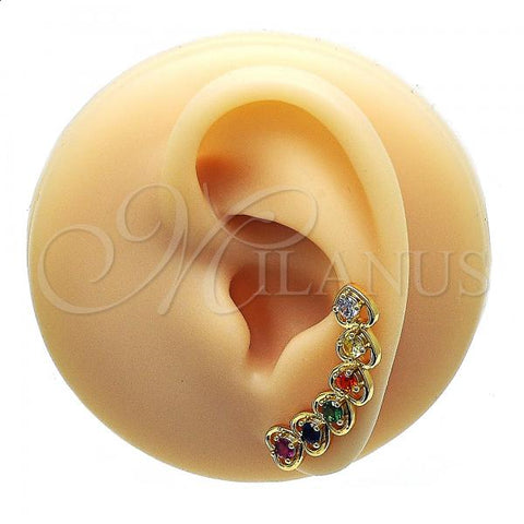 Oro Laminado Earcuff Earring, Gold Filled Style Heart Design, with Multicolor Cubic Zirconia, Polished, Golden Finish, 02.210.0700.1