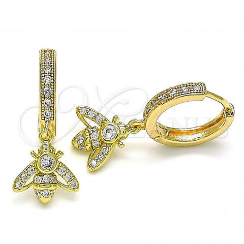 Oro Laminado Huggie Hoop, Gold Filled Style Bee Design, with White Micro Pave and White Cubic Zirconia, Polished, Golden Finish, 02.368.0060.15