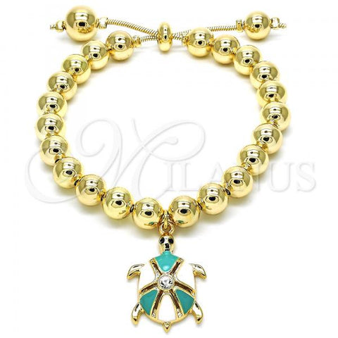 Oro Laminado Adjustable Bolo Bracelet, Gold Filled Style Turtle and Ball Design, with White Crystal, Turquoise Enamel Finish, Golden Finish, 03.63.2034.3.08