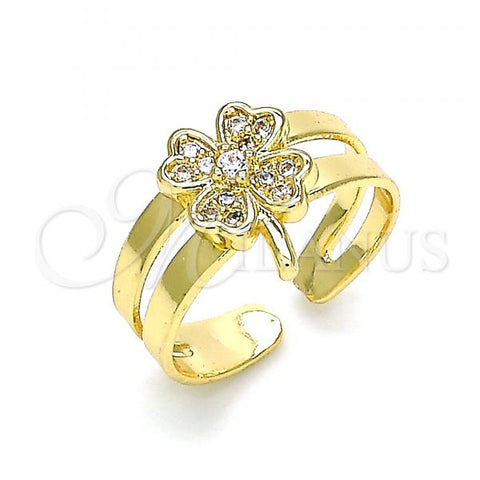 Oro Laminado Baby Ring, Gold Filled Style Four-leaf Clover Design, with White Micro Pave, Polished, Golden Finish, 01.233.0018 (One size fits all)