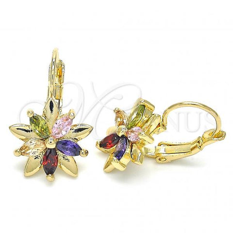 Oro Laminado Leverback Earring, Gold Filled Style Flower Design, with Multicolor Cubic Zirconia, Polished, Golden Finish, 02.210.0228.1