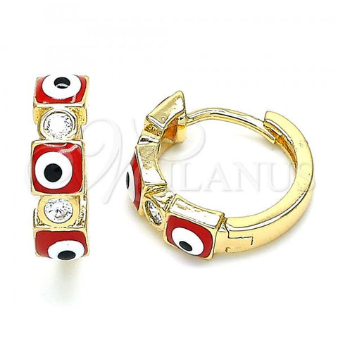 Oro Laminado Huggie Hoop, Gold Filled Style Evil Eye Design, with White Cubic Zirconia, Red Enamel Finish, Golden Finish, 02.213.0192.15
