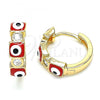 Oro Laminado Huggie Hoop, Gold Filled Style Evil Eye Design, with White Cubic Zirconia, Red Enamel Finish, Golden Finish, 02.213.0192.15