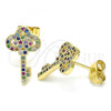 Oro Laminado Stud Earring, Gold Filled Style key Design, with Multicolor Micro Pave, Polished, Golden Finish, 02.344.0062.2
