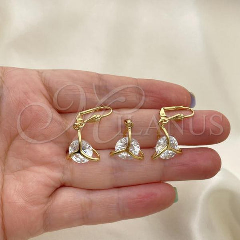 Oro Laminado Earring and Pendant Adult Set, Gold Filled Style with White Cubic Zirconia, Polished, Golden Finish, 10.63.0586
