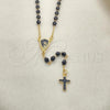 Oro Laminado Thin Rosary, Gold Filled Style Virgen Maria and Cross Design, with Black Azavache, Black Enamel Finish, Golden Finish, 09.02.0038.18